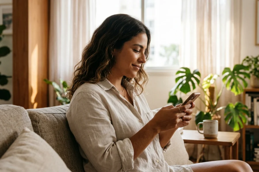 Uma mulher brasileira sorrindo levemente ao usar o celular em um ambiente iluminado, representando a facilidade de realizar um agendamento online.