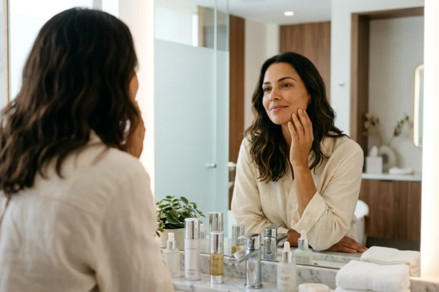 Mulher brasileira de 30 anos sorrindo sutilmente ao observar seu reflexo no espelho, tocando o rosto com confiança em um ambiente de clínica moderna.