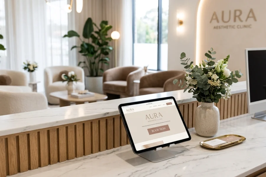 Balcão de recepção de uma clínica de estética moderna com um tablet exibindo um site profissional e um botão de agendamento em destaque.