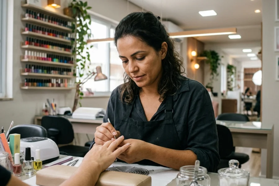 Dona de esmalteria focada em realizar um atendimento de manicure com precisão e calma em seu estúdio moderno.