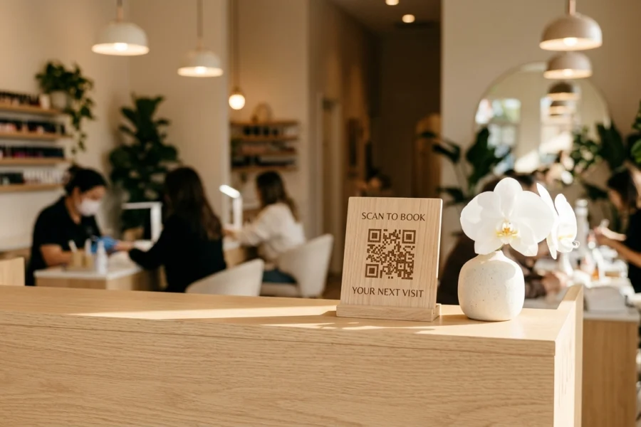 Composição de um balcão de recepção elegante com um QR code de agendamento e uma orquídea, simbolizando a integração digital e física.