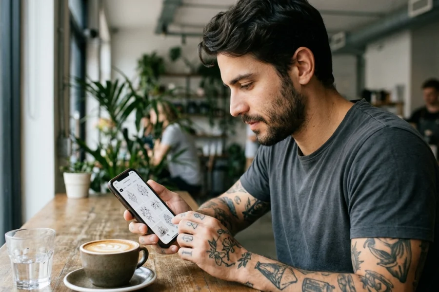 Homem jovem navegando com atenção por um portfólio de tatuagens de alta qualidade em seu celular em um ambiente urbano e iluminado.