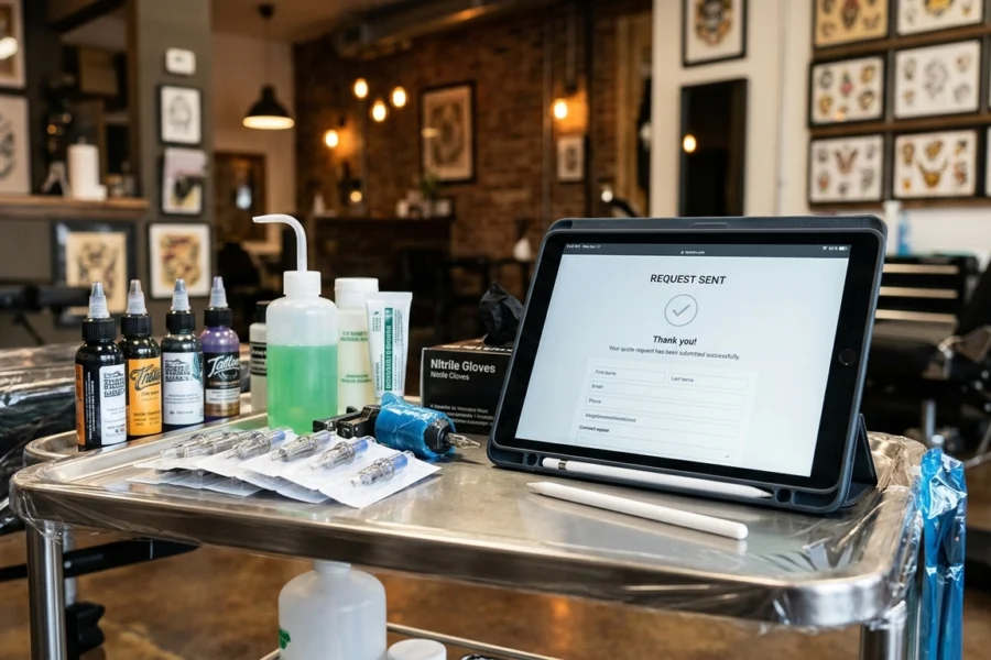 Mesa de trabalho de um estúdio de tatuagem premium com um tablet exibindo um formulário de orçamento concluído ao lado de materiais profissionais.