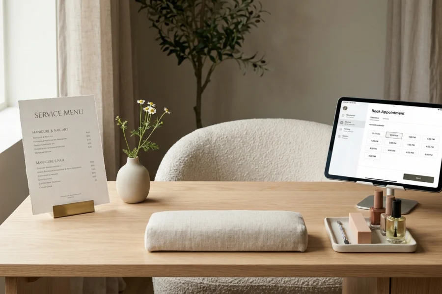 Composição de uma mesa de trabalho organizada com um menu de serviços e um tablet exibindo uma agenda de agendamentos online.