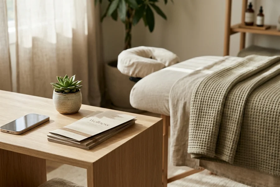 Composição de um ambiente de massoterapia com um smartphone ao lado de uma planta e folhetos de serviços, sugerindo um espaço profissional pronto para agendamentos.
