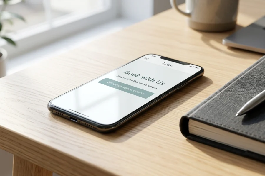 Close de um smartphone sobre uma mesa de madeira exibindo um botão de agendamento em um site minimalista e profissional, transmitindo facilidade de contato.