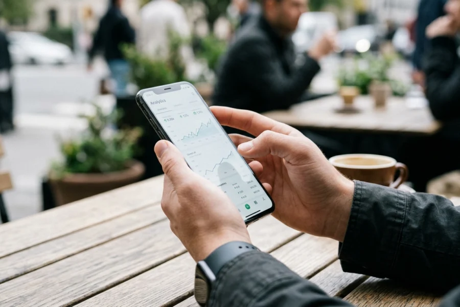 Close de mãos segurando um smartphone moderno que exibe um painel de dados e gráficos de crescimento, em um ambiente urbano iluminado.