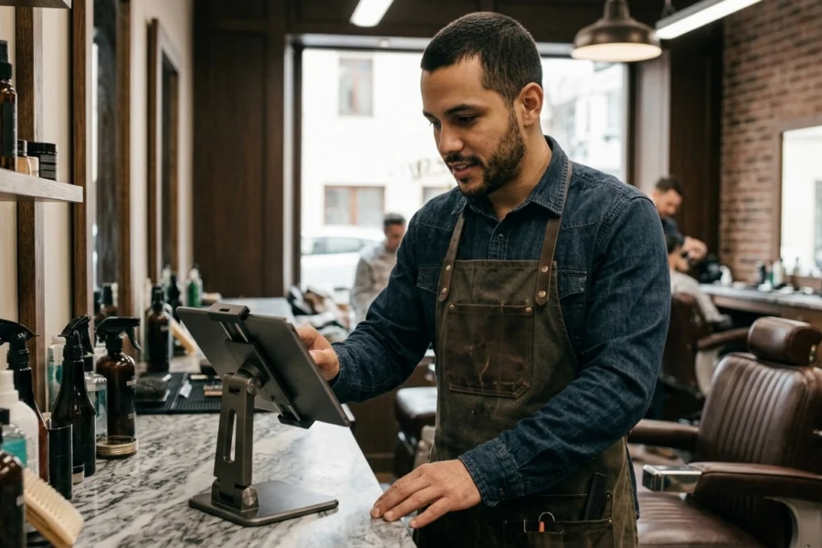Barbeiro brasileiro de aproximadamente 30 anos conferindo sua agenda digital em um tablet dentro de uma barbearia moderna e organizada.