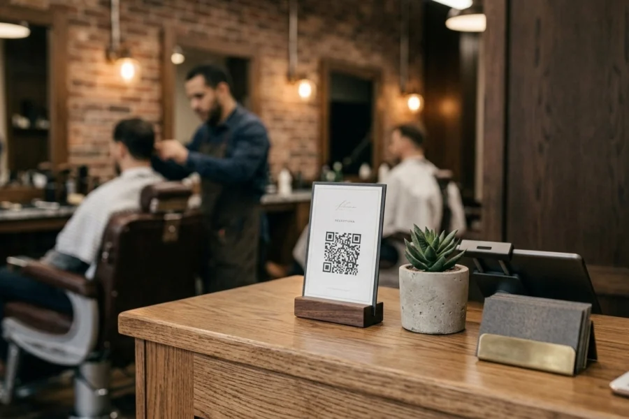 Composição editorial da recepção de uma barbearia premium, mostrando um QR code de agendamento e um ambiente acolhedor e profissional.