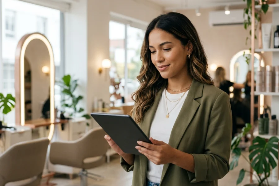 Dona de um salão de beleza sorrindo com confiança enquanto consulta seu catálogo de serviços em um tablet em seu estúdio moderno.