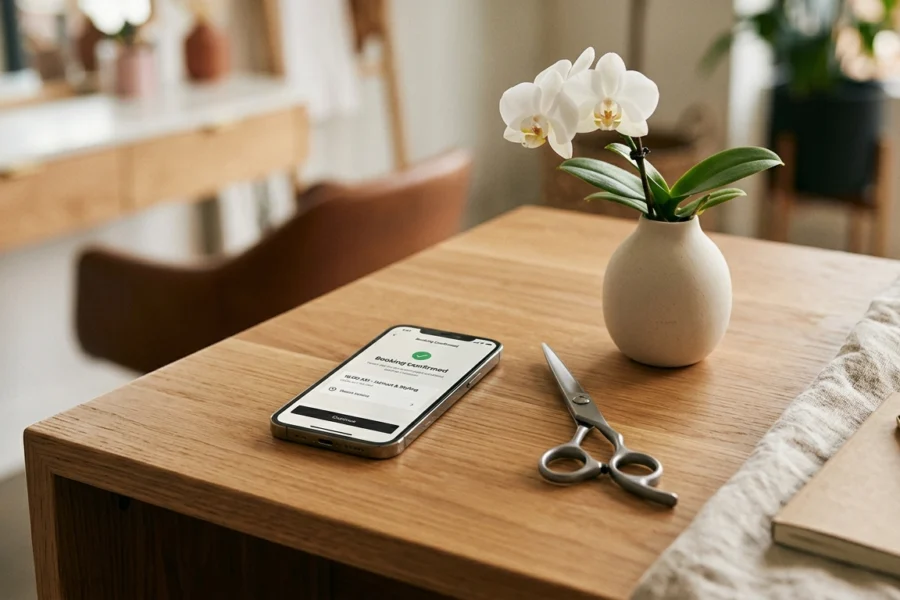 Composição editorial de um smartphone com confirmação de agendamento ao lado de uma orquídea e tesouras profissionais, simbolizando organização e sucesso.