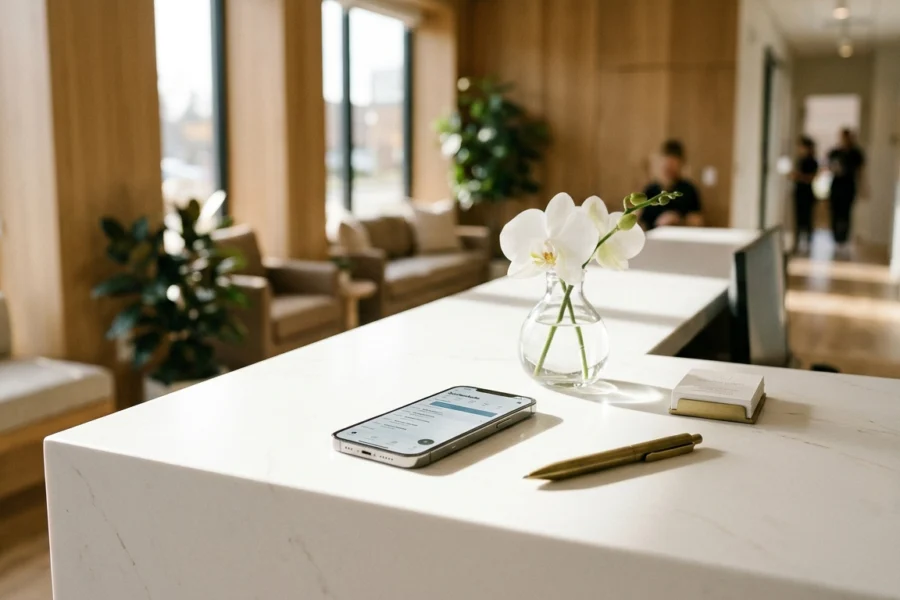 Uma composição editorial de uma recepção de clínica odontológica moderna, com um smartphone elegante ao lado de um pequeno vaso de orquídea branca sobre um balcão minimalista.